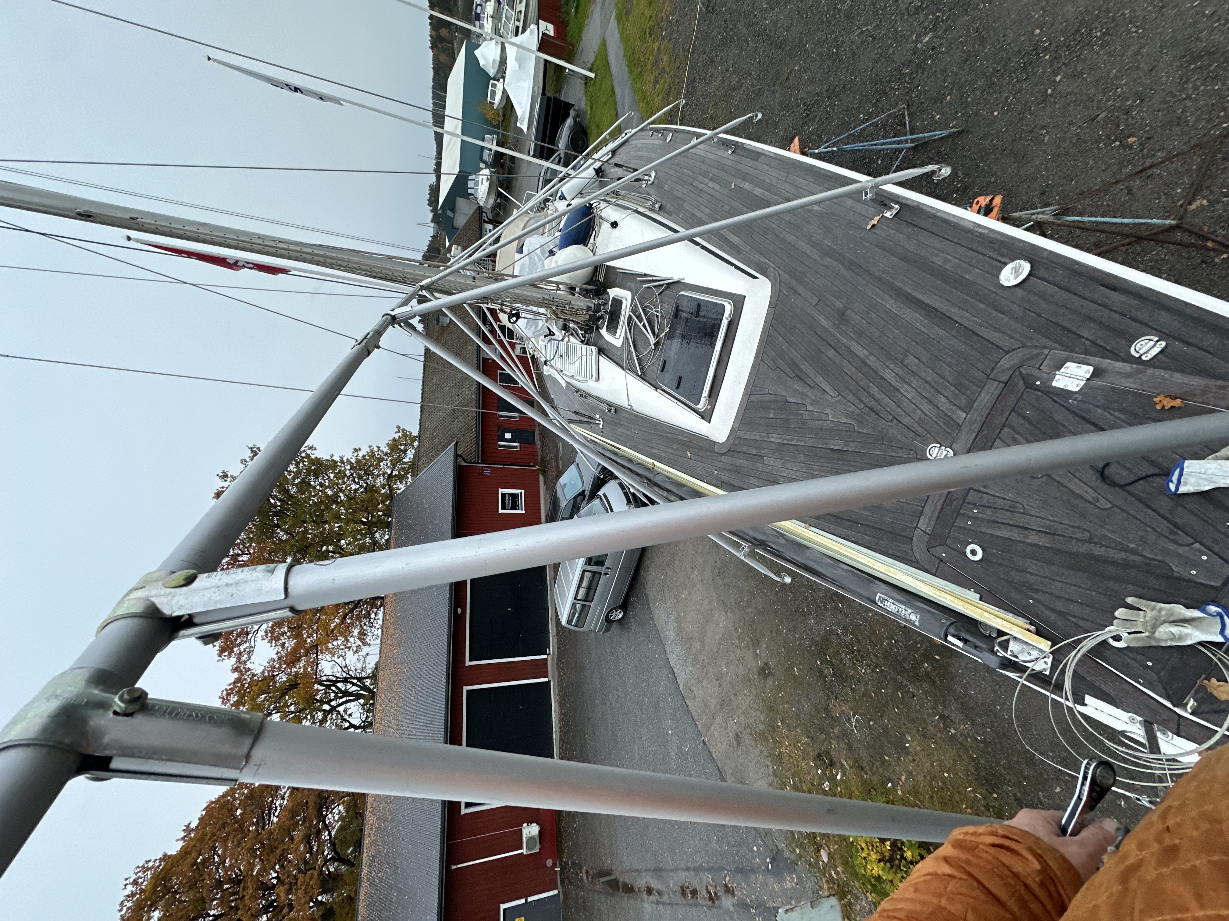 Looking down from the mast at Iris on her winter stands